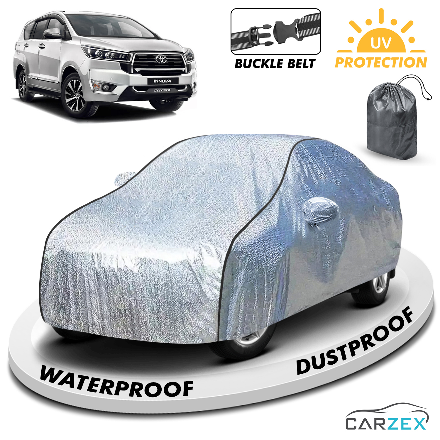 Carzex Waterproof & Heat Resistant Metallic Silver With Black Border Car Body Cover with Mirror Pockets For Toyota Innova Crysta
